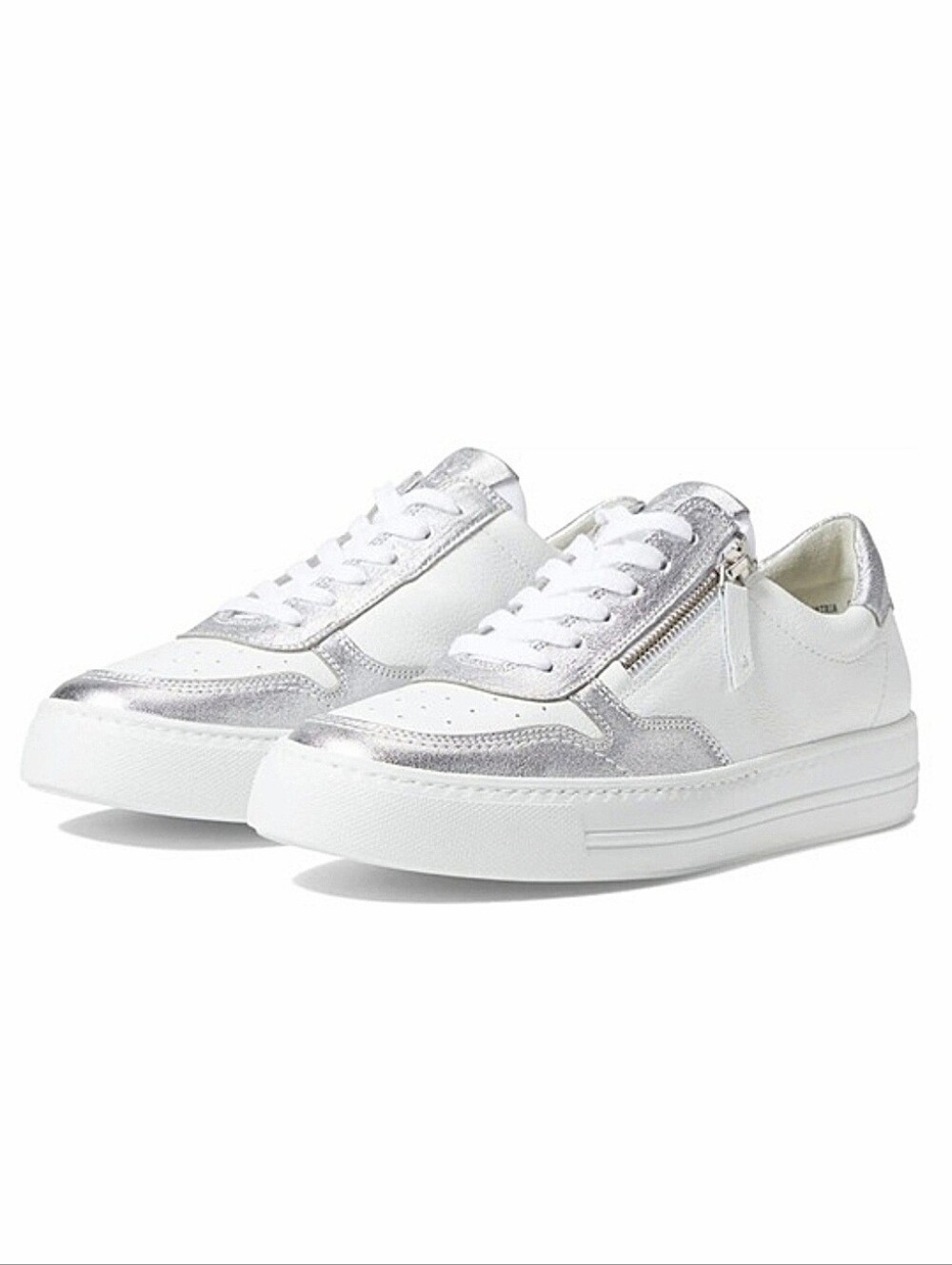Paul Green Ryder Platform Sneakers US 7 Metallic Silver White Lace-Up Zip